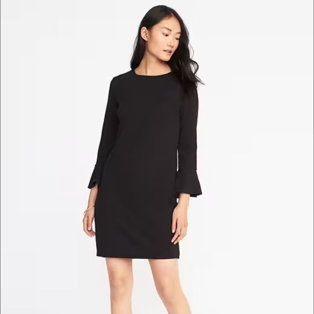 Old Navy Black Ponte Knit Shift Dress Size Large – Long Flute/Flutter Sleeves